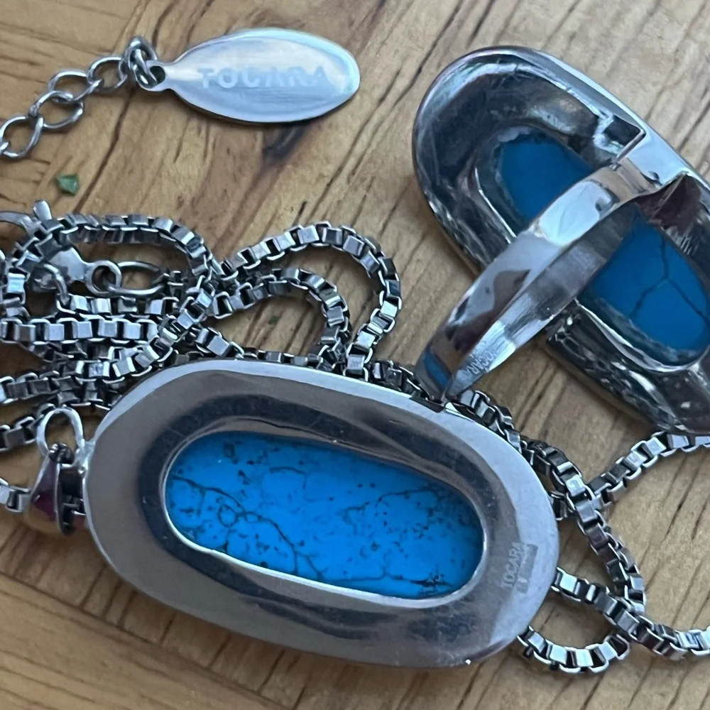 “Tocara” Silver & Blue Stone Ring 7.5 Necklace Stainless Steel Set - Picture 2 of 9